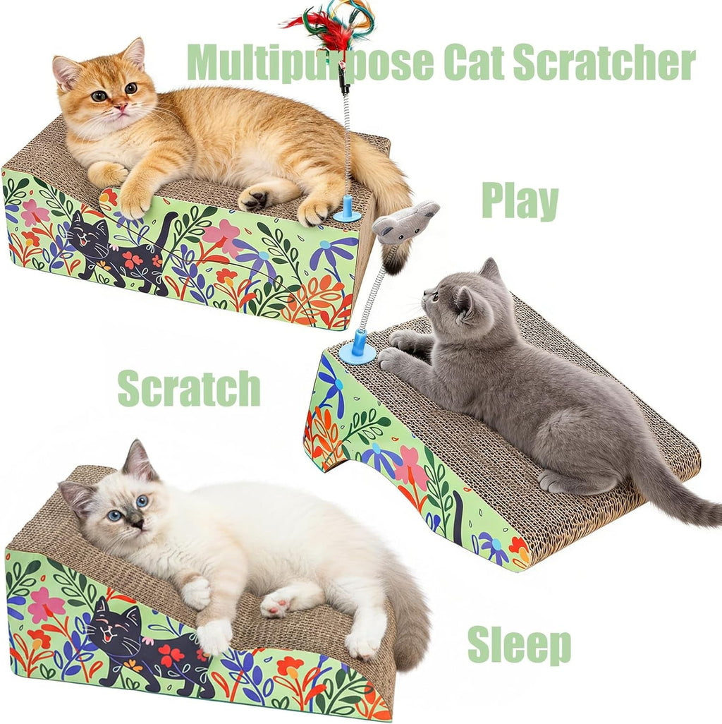 2 in 1 Cat Scratcher Lounge Cardboard Pad with Detachable Toys