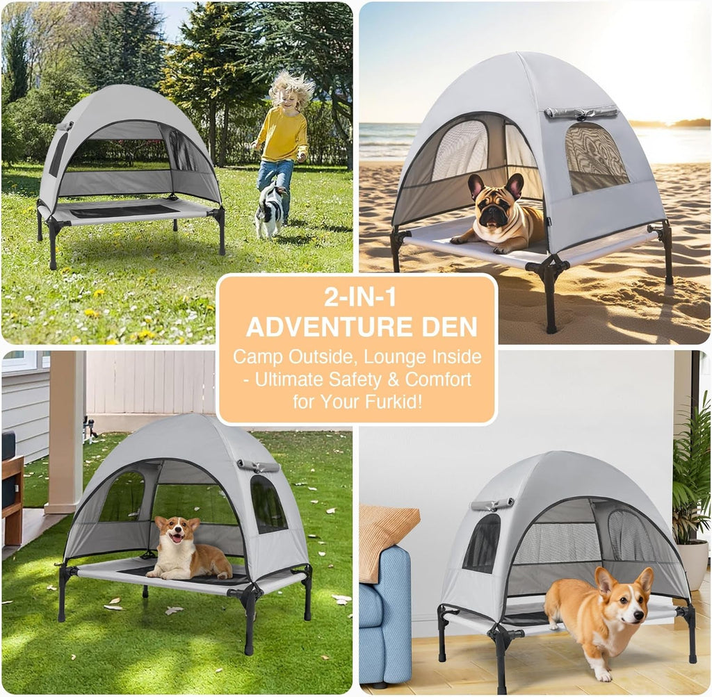Elevated Outdoor Dog Bed with Canopy Cooling Pet Cot Camping Tent