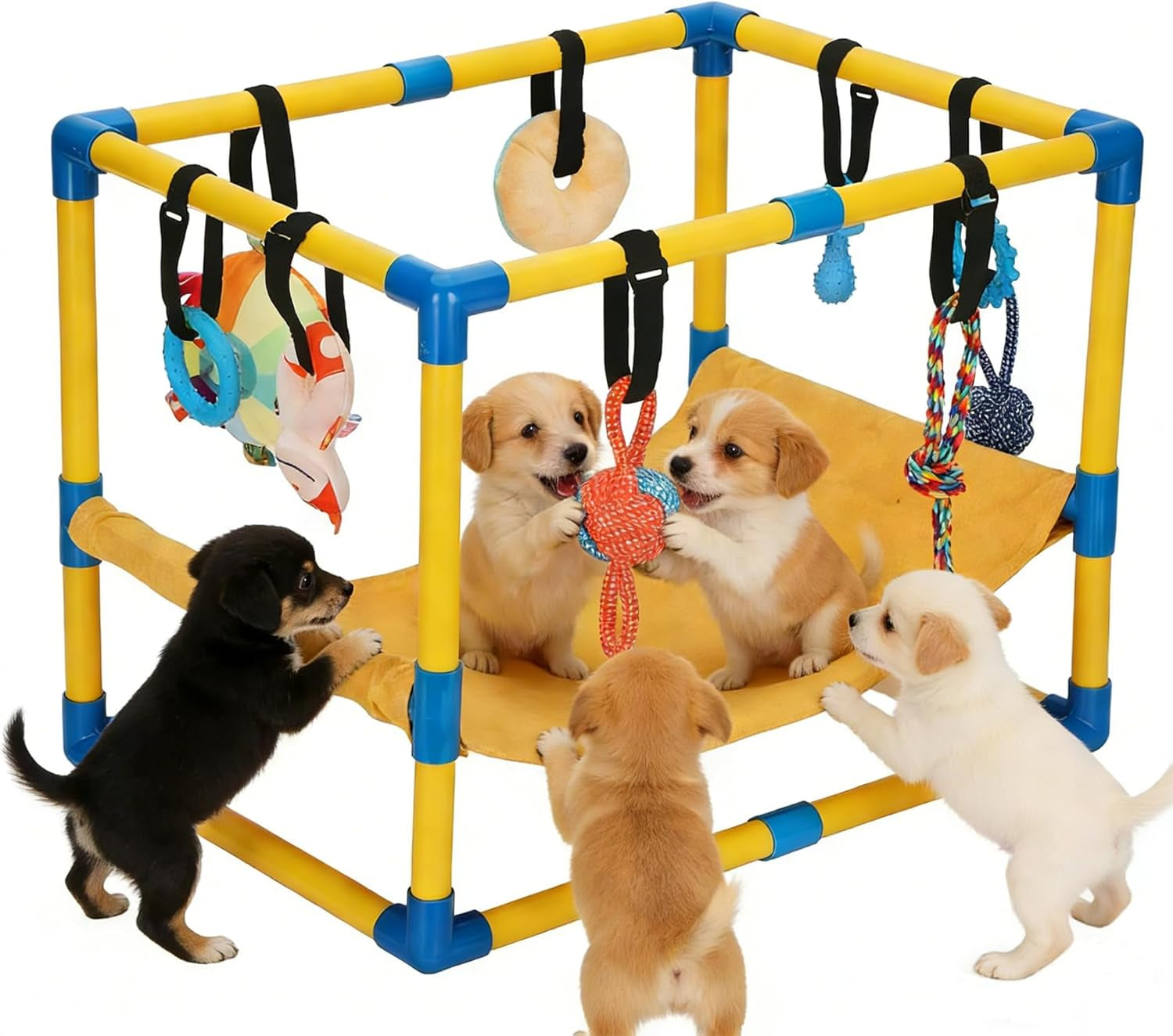 Indoor Puppy Play Gym with Hammock 8 Toys Dog Enrichment Activity Center