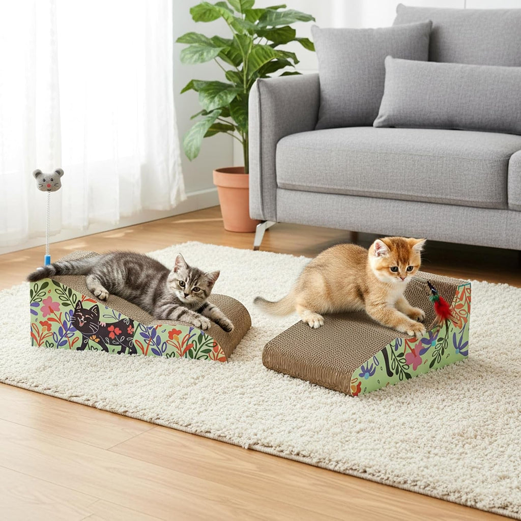 2 in 1 Cat Scratcher Lounge Cardboard Pad with Detachable Toys