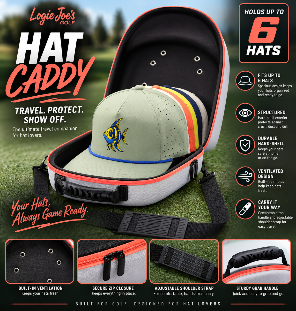 Hat Caddy Travel Case | Hard Shell Hat Carrier Holds Up to 6 Hats | Protective Hat Storage Case with Adjustable Shoulder Strap