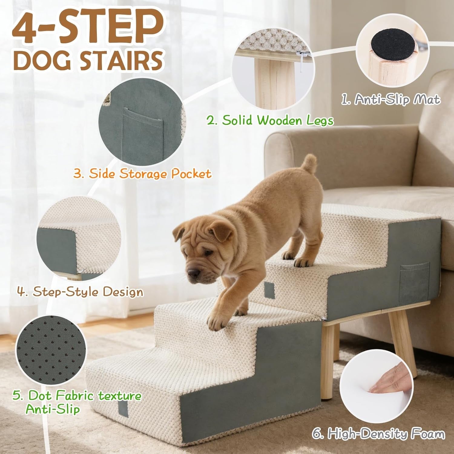 Foldable Dog Stairs: 4-Step Pet Steps Ottoman Ramp for Couch & Bed