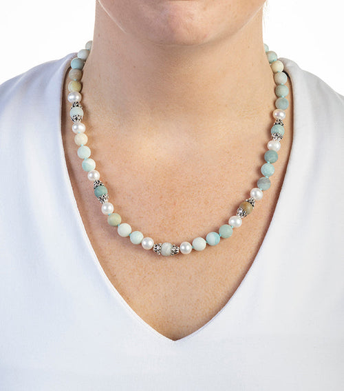 Amazonite, pearl, and silver necklace