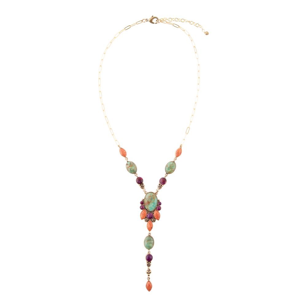 Regalia Blue Turquoise Purple and Orange Coral Golden Y Necklace