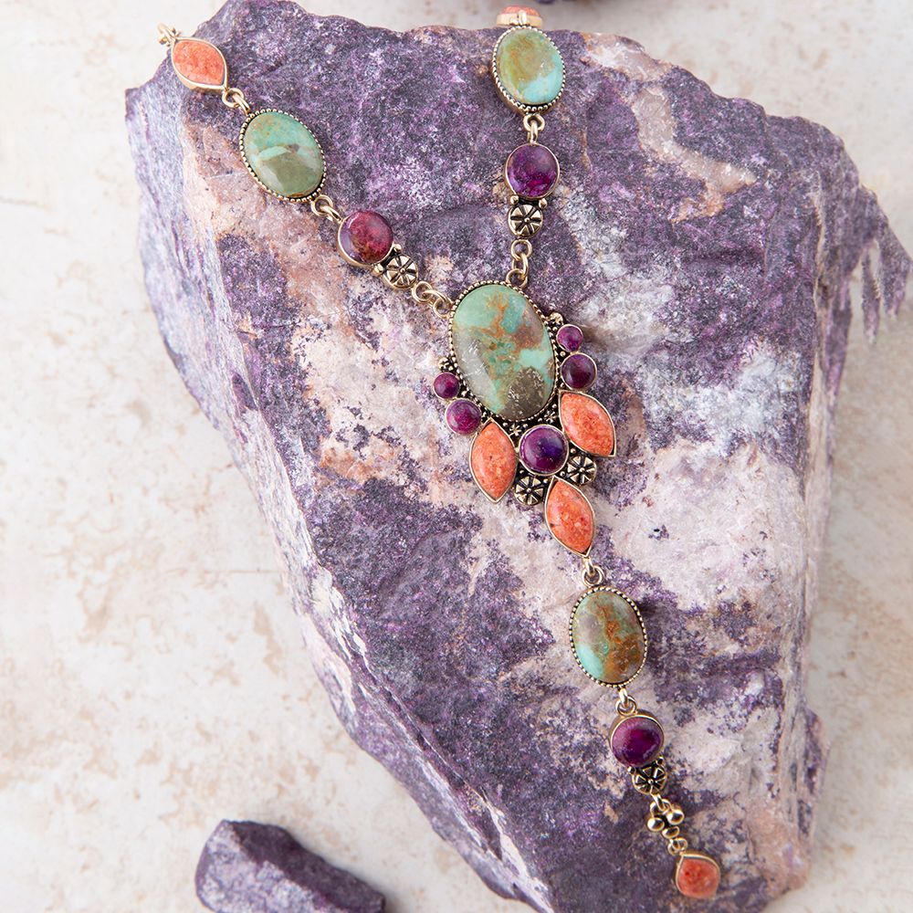 Regalia Blue Turquoise Purple and Orange Coral Golden Y Necklace
